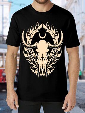 Black Graphic Tee with Cream Bull Skull Design